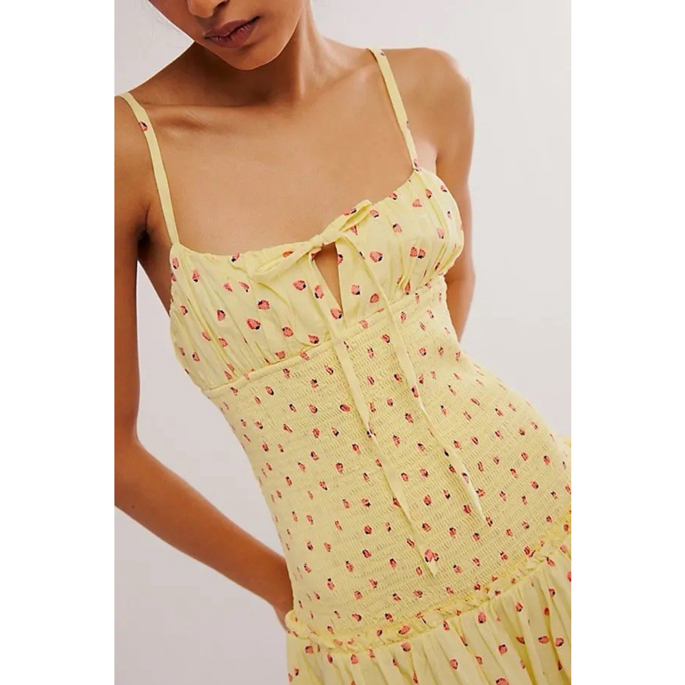 Free People Lavender Daze Midi Dress Sz S Yellow Strawberry Drop- Waist Smocked - Picture 4 of 13